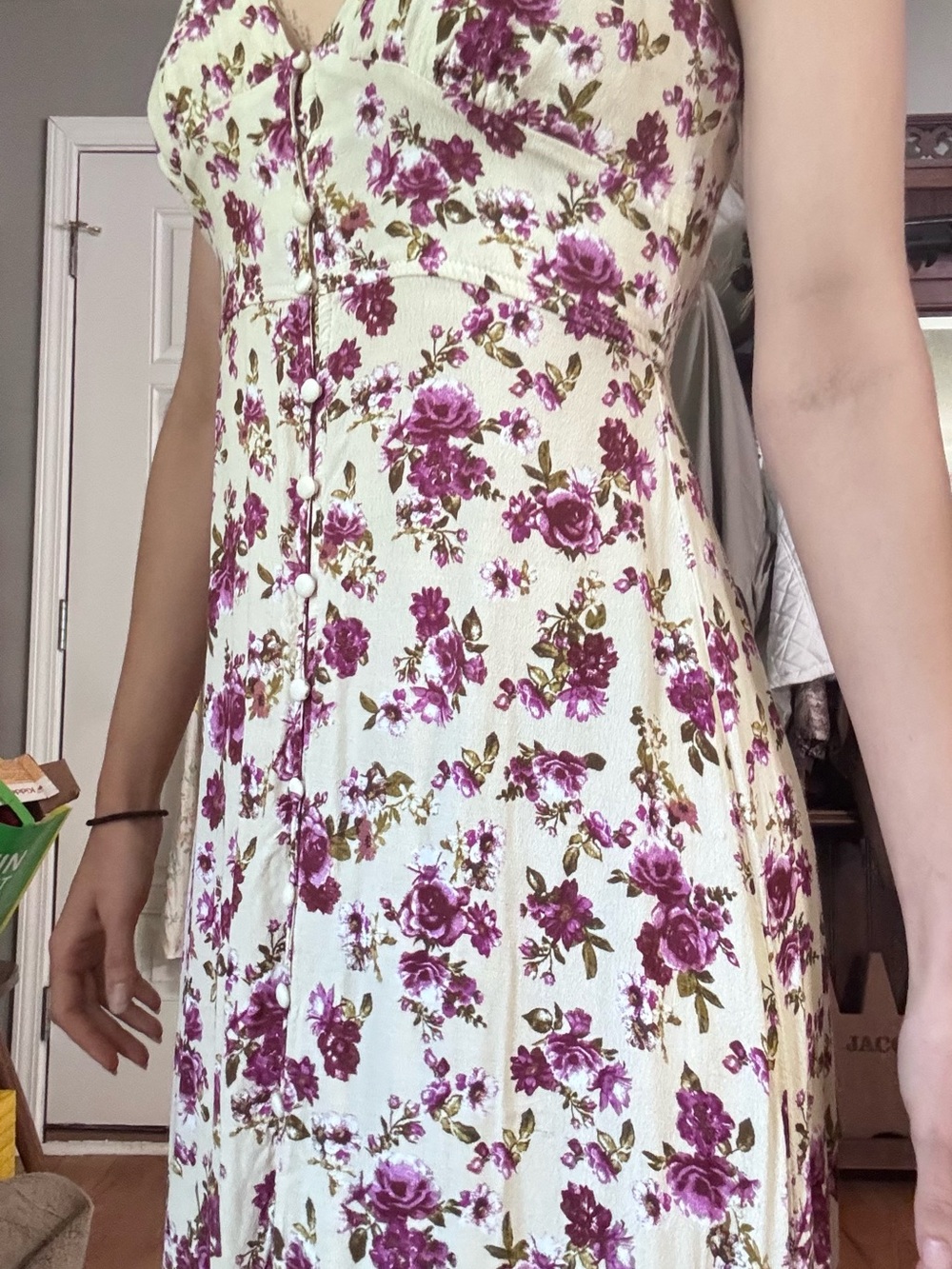 Floral Button-Front Cream Dress with Purple Rose Print